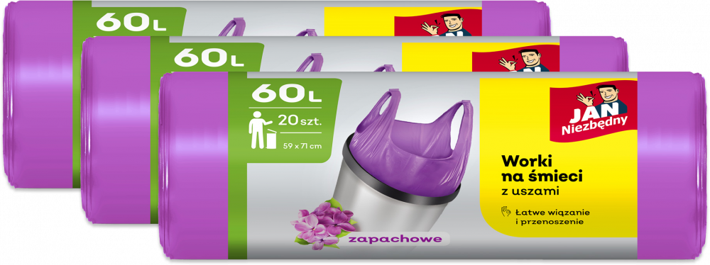 3x Worki na śmieci Jan Niezbędny, na odpady zmieszane, 60l, 20 sztuk, fioletowy