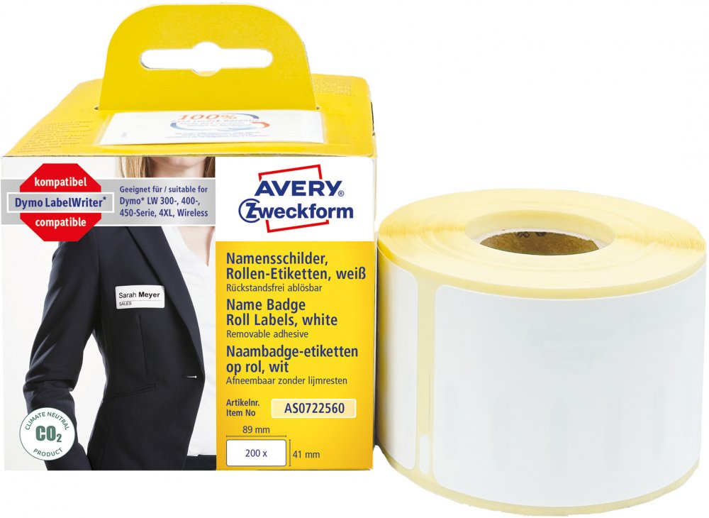 Identyfikatory imienne usuwalne Avery Zweckform, w rolce, do drukarek termicznych DymoTM, 200 etykiet/1 rolka, 41x89mm, biały