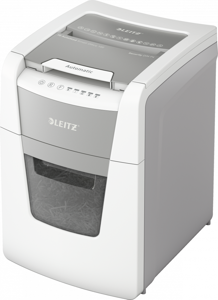 Niszczarka do papieru automatyczna Leitz IQ Small Office 100, konfetti 4x28mm, 100 kartek, P-4 DIN, biało-szary