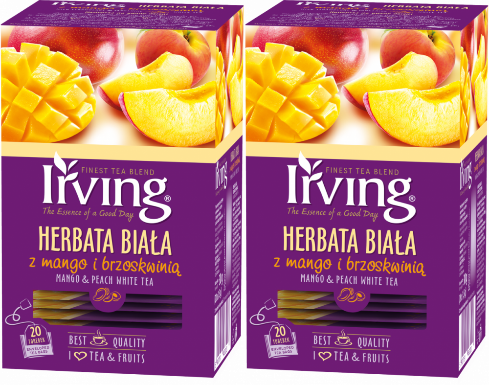 2x Herbata biała smakowa w kopertach Irving, mango z brzoskwinią, 20 sztuk x 1.5g