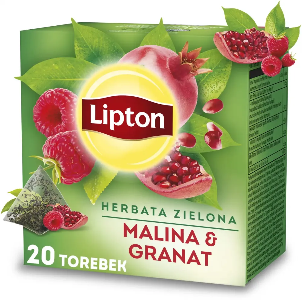 Herbata zielona aromatyzowana w piramidkach Lipton, malina i granat, 20 sztuk x 1.4g