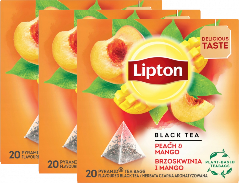 3x Herbata czarna aromatyzowana w piramidkach Lipton, brzoskwinia z mango, 20 sztuk x 1.2g