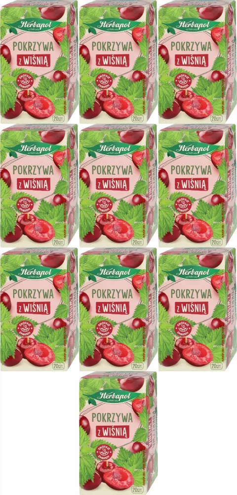 10x Herbata ziołowo-owocowa w torebkach Herbapol, pokrzywa z wiśnią, 20 sztuk