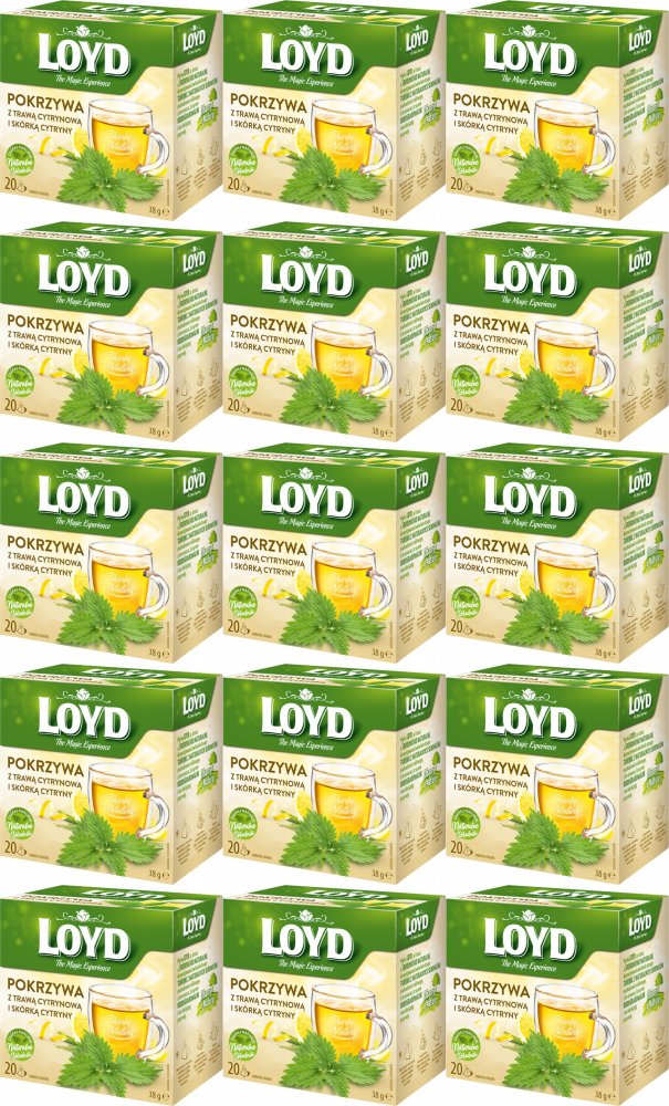 15x Herbata ziołowa w piramdkach Loyd Pokrzywa z trawą cytrynową i skórką cytryny, 20 sztuk x 1.9g