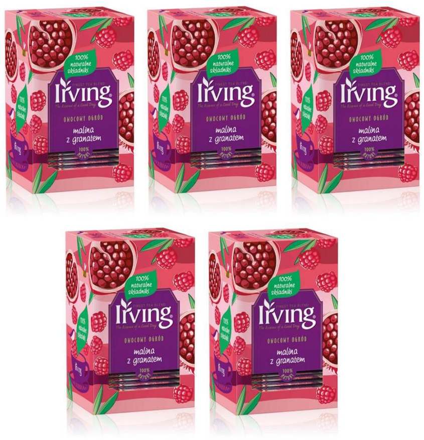 5x Herbata owocowa w kopertach Irving, malina z granatem, 20 sztuk x 2g