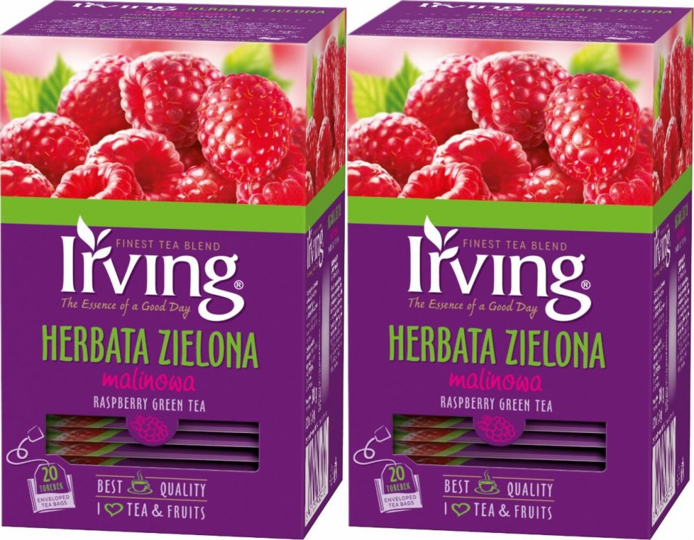 2x Herbata zielona smakowa w kopertach Irving, malinowa, 20 sztuk x 1.5g