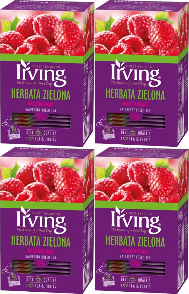 4x Herbata zielona smakowa w kopertach Irving, malinowa, 20 sztuk x 1.5g