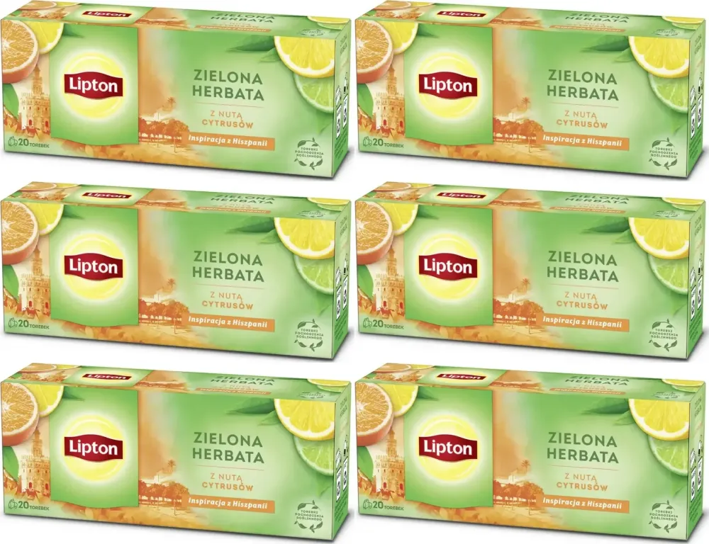 6x Herbata zielona smakowa w torebkach Lipton Green Tea Citrus, z nutą cytrusów, 20 sztuk x 1.3g