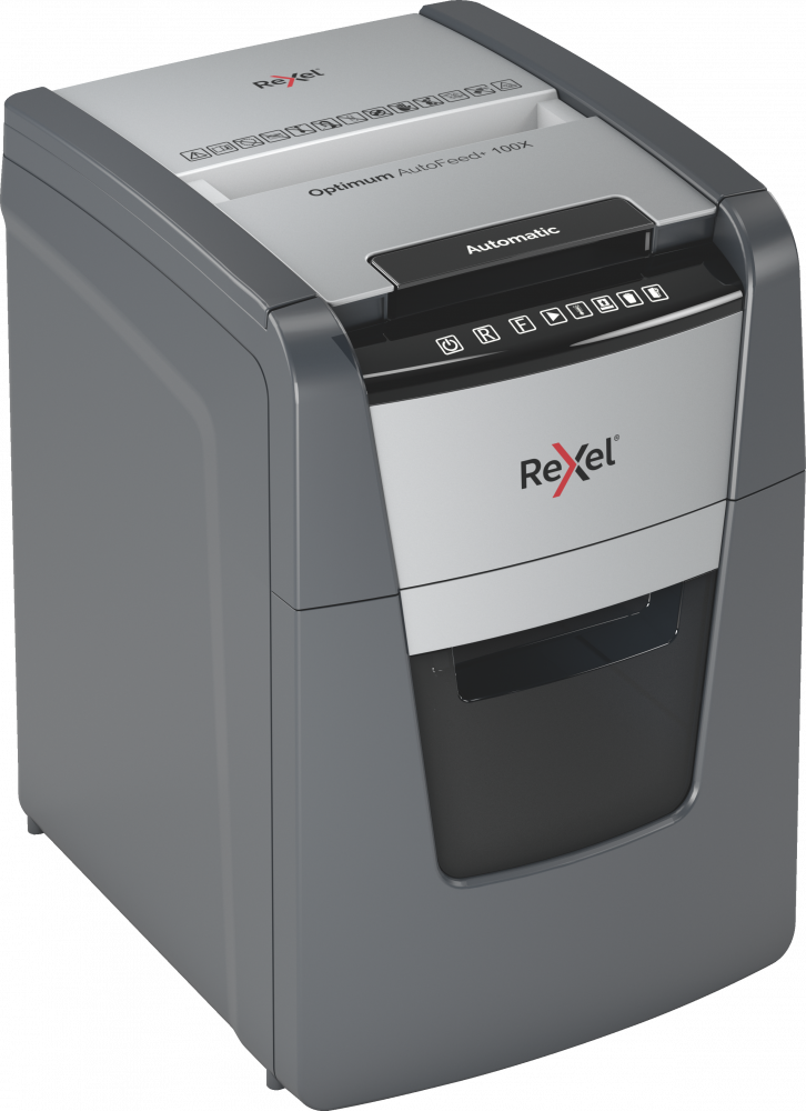 Niszczarka do papieru automatyczna Rexel Optimum AutoFeed+ 100X, konfetti 4x28 mm, 100 kartek, P-4 DIN, czarno-srebrny