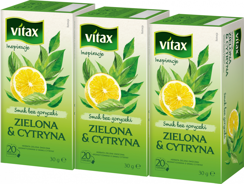 3x Herbata zielona smakowa w torebkach Vitax Inspirations, cytryna, 20 sztuk x 1.5g