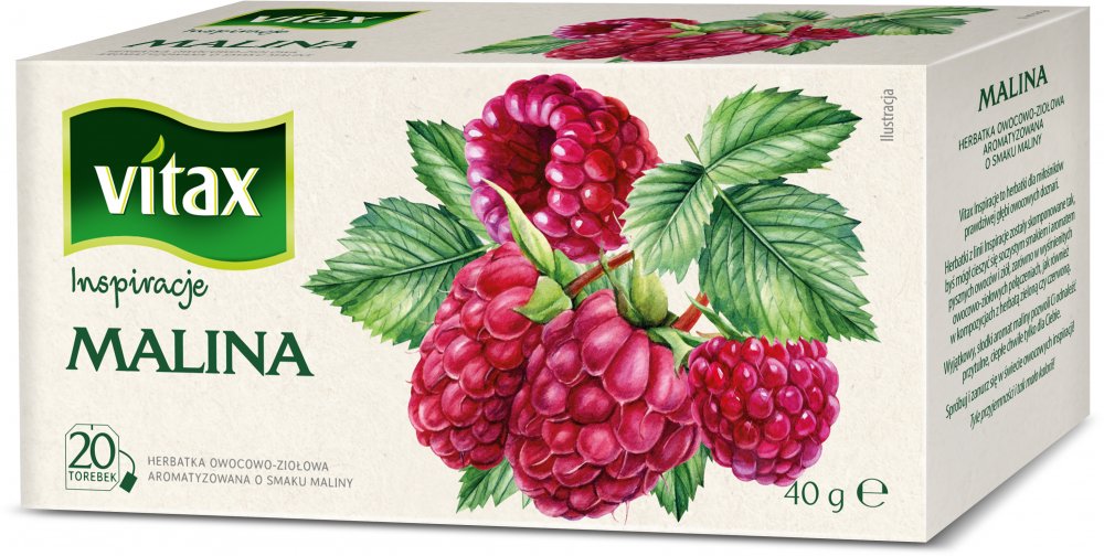 Herbata owocowa w torebkach Vitax Inspirations, malina, 20 sztuk x 2g