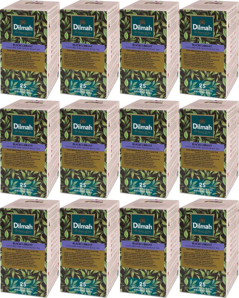 12x Herbata czarna aromatyzowana w kopertach Dilmah, czarna porzeczka, 25 sztuk x 2g