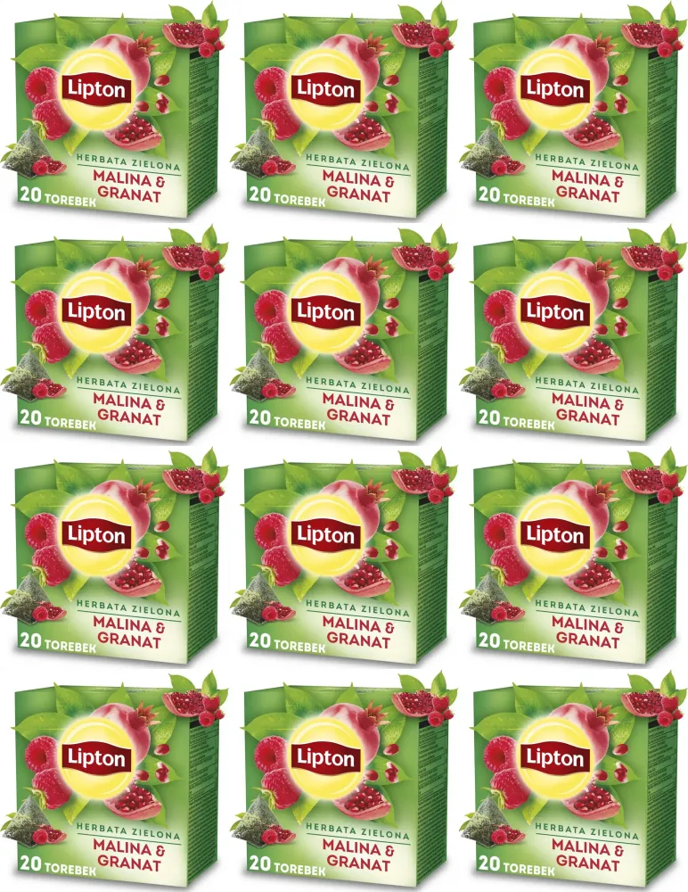 12x Herbata zielona aromatyzowana w piramidkach Lipton, malina i granat, 20 sztuk x 1.4g