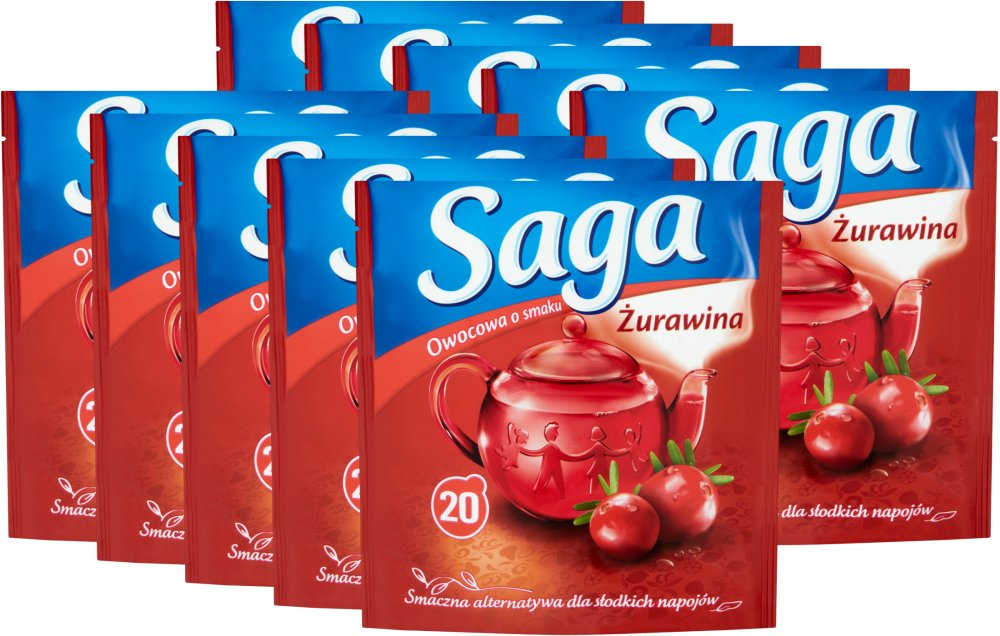 10x Herbata owocowa w torebkach Saga, żurawina, 20 sztuk x 1.7g