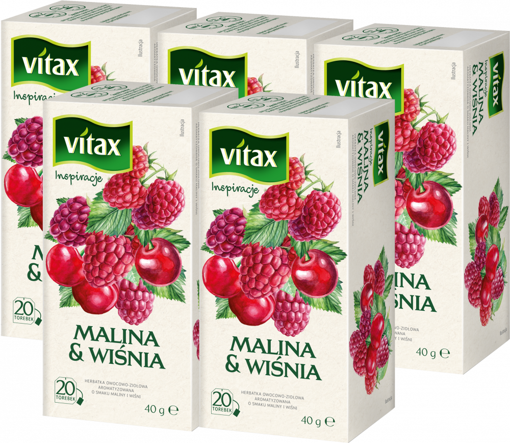 5x Herbata owocowa w torebkach Vitax Inspirations, malina i wiśnia, 20 sztuk x 2g