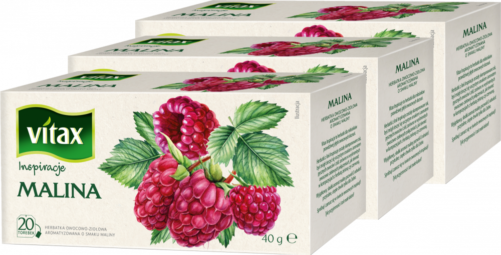3x Herbata owocowa w torebkach Vitax Inspirations, malina, 20 sztuk x 2g