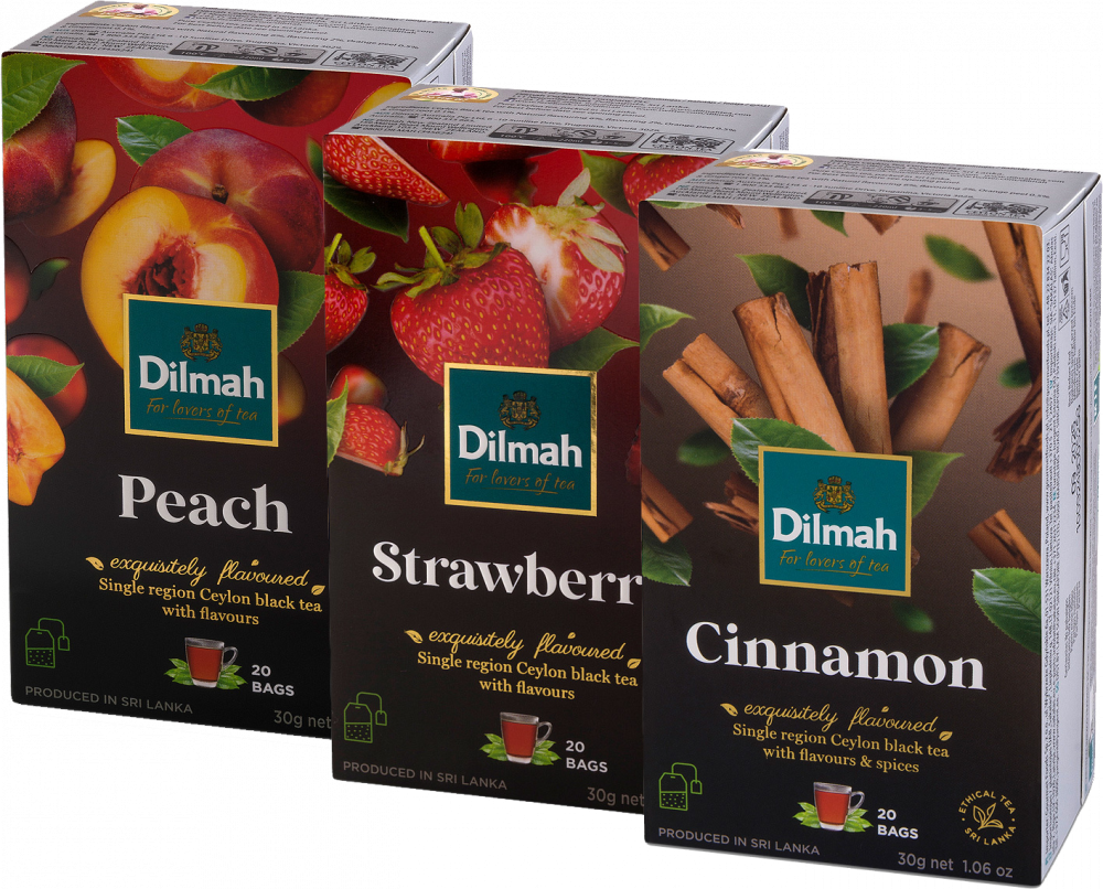 Zestaw 3x Herbata czarna aromatyzowana w torebkach Dilmah 1x truskawka, 1x brzoskwinia, 1x cynamon