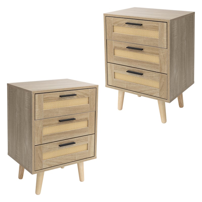 2x stolik nocny z 3 szufladami stolik nocny rattan szafka nocna dab 45x34x63cm