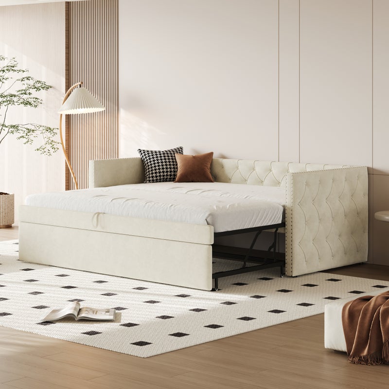 Łóżko tapicerowane, rozkładana sofa 90 x 200 cm, przyjemna w dotyku tkanina welurowa, kolor beżowy (materac nie jest zawarty w zestawie).
