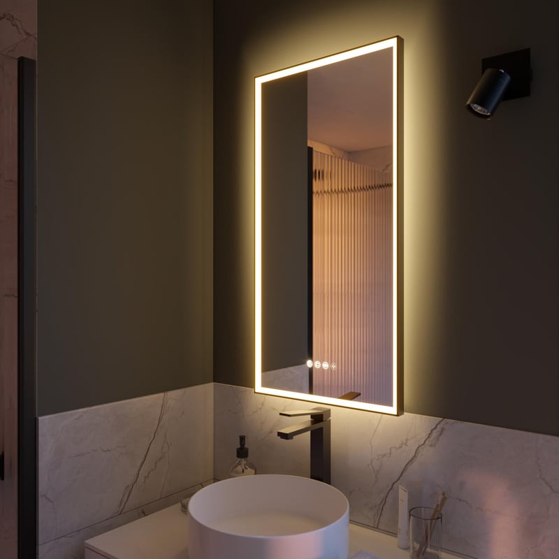 Lustro prostokątne podświetlane w ramie Neo Frame, szer. 45 x wys. 90 cm, rama czarna