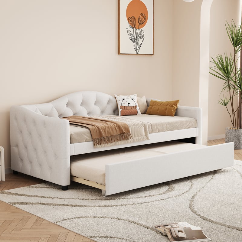 Tapczan, tapczan 90x200cm z wysuwanym łóżkiem, sofa rozkładana, łóżko pojedyncze (bez materaca), pościel, styl minimalistyczny, beż