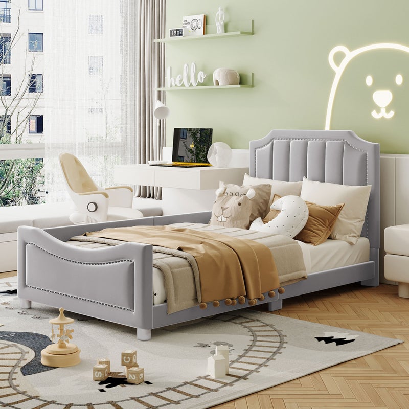 Łóżko dziecięce tapicerowane 90x200cm sofa rozkładana z oparciem, szare