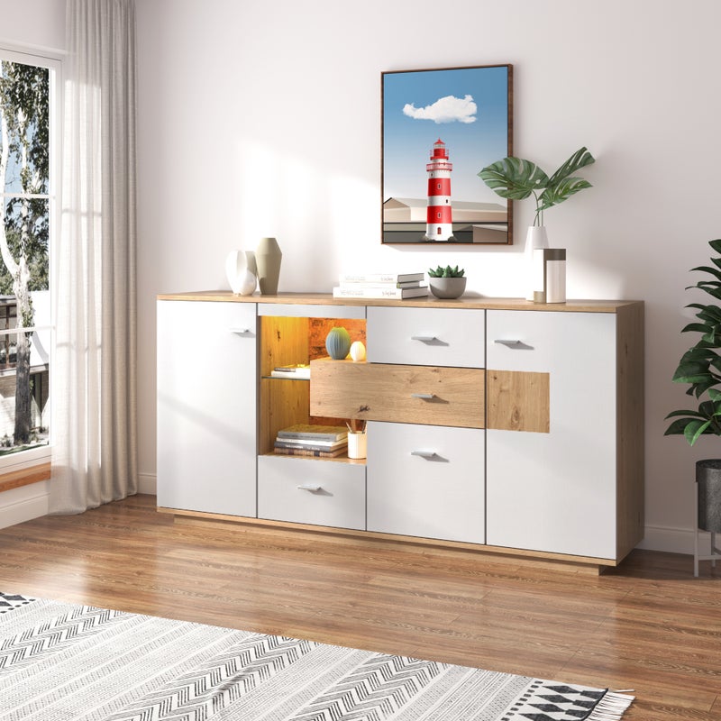 Nowoczesny kredens z dużą ilością miejsca do przechowywania,z oświetleniem LED,160x40x77cm,2 drzwi,4 szuflady,półka szklana,imitacja drewna,biały