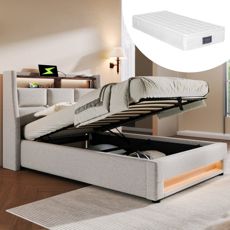 Łóżko tapicerowane z USB 90x200cm, łóżko pojedyncze LED z metalowym stelażem, rama łóżka lnianego, łóżko młodzieżowe (z materacem)