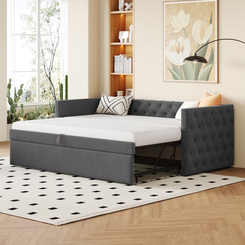 Łóżko tapicerowane, rozkładana sofa 90 x 200 cm, przyjemna w dotyku tkanina welurowa, kolor szary (materac nie jest zawarty w zestawie).