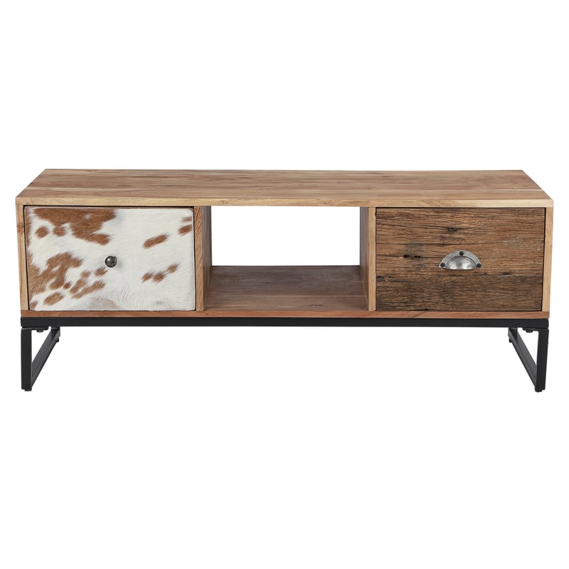 WOMO-DESIGN TV szafka dolna Taipei z 2 szufladami 110x50x40 cm, lite drewno akacjowe i progowe, metalowe nogi, skóra, wzornictwo przemyslowe, stolik