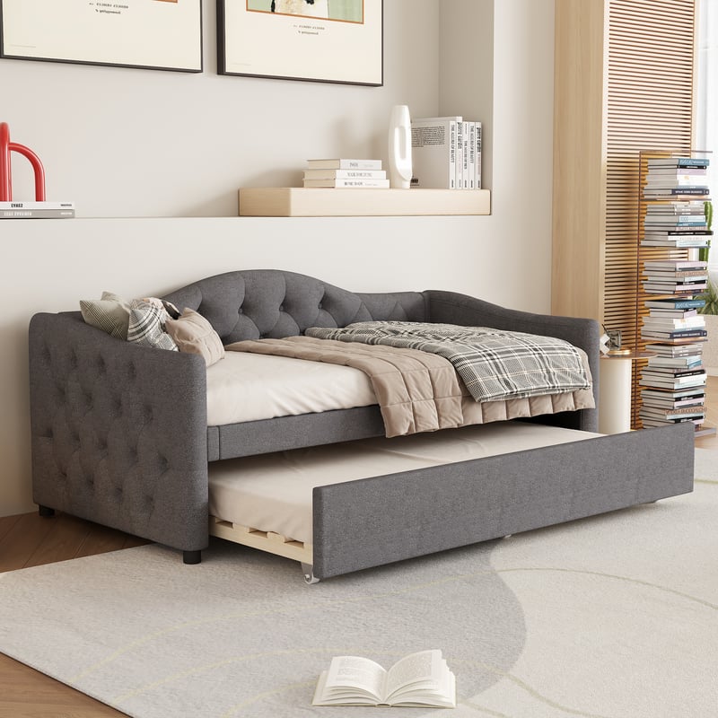 Tapczan, tapczan 90x200cm z wysuwanym łóżkiem, sofa rozkładana, łóżko pojedyncze (bez materaca), pościel, styl minimalistyczny, szary