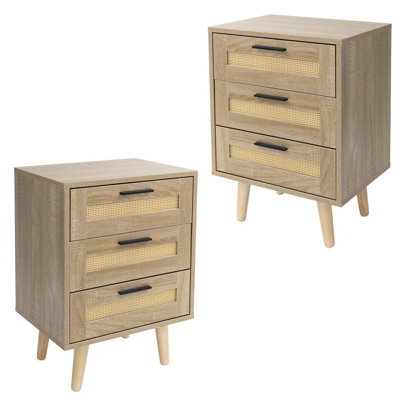 2x stolik nocny z 3 szufladami stolik nocny rattan szafka nocna dab 45x34x63cm