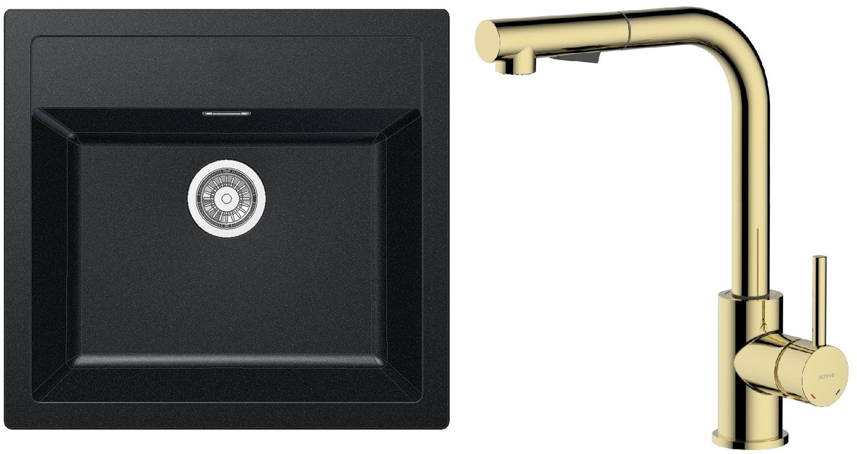 Zestaw Franke Sirius SID 610 zlewozmywak 56x53 cm z baterią kuchenną Oltens Myvat onyx/złoty połysk (1140205049, 35205800)