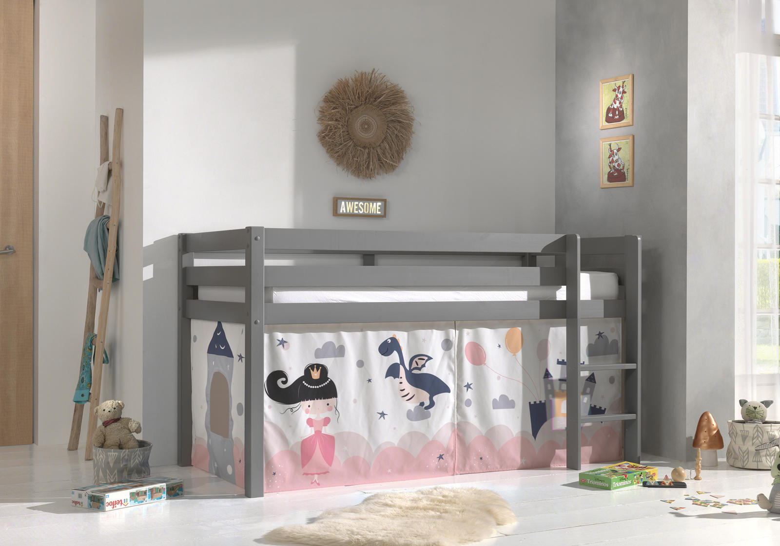 Łóżko dziecięce z litego drewna Princess II - Pino grey