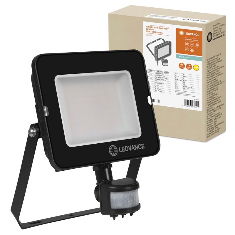 Naświetlacz LED Ledvance Reflektor Zewnętrzny Lampa 50W 4500lm 3000K IP65 Czarny z Czujnikiem Ruchu i Zmierzchu 1 szt.