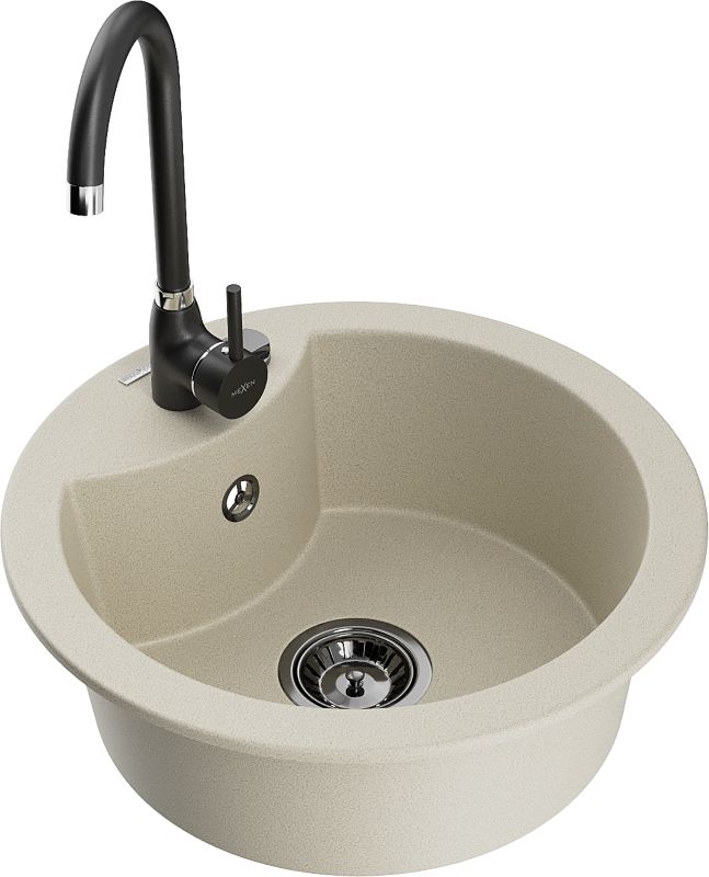 Zlewozmywak granitowy Mexen Diego 1-komorowy z baterią kuchenną Telma beżowy 6512-69-670200-70