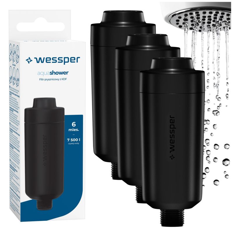 Filtr do wody, Wessper, prysznicowy, zmiękczający wodę, z KDF, neutralizujący, czarny, 3szt