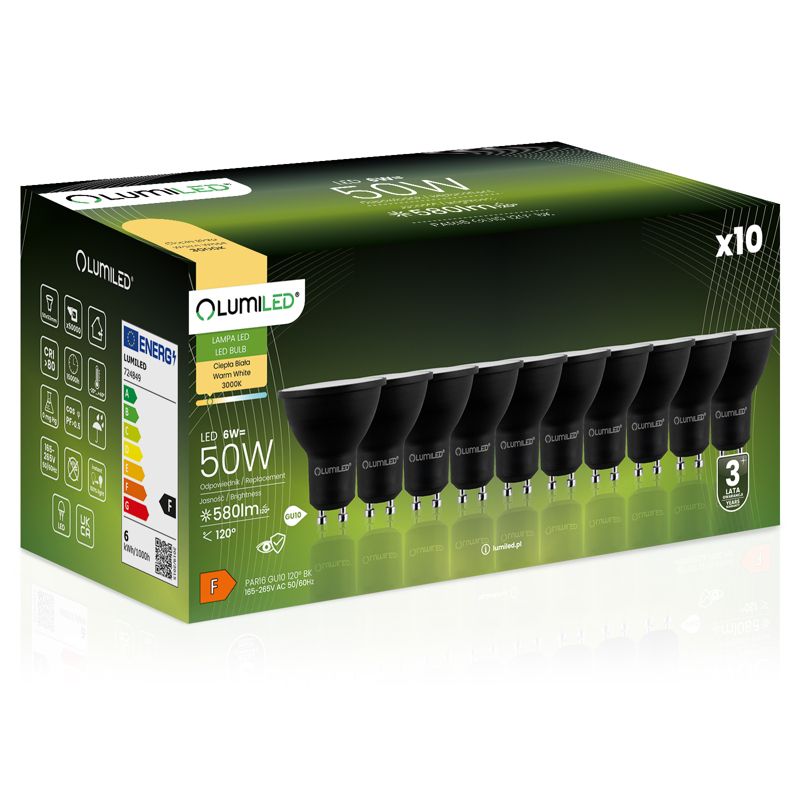 Żarówka LED LUMILED GU10 6W 580lm 3000K 120st Czarna 10 szt.