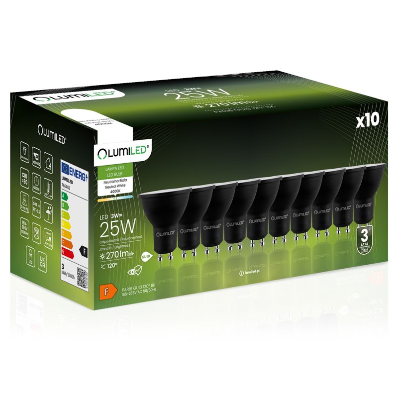 Żarówka LED LUMILED GU10 3W 270lm 4000K 120st Czarna 10 szt.