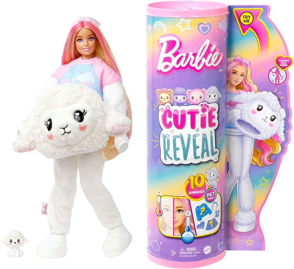 Barbie Cutie Reveal Owieczka Lalka Seria Słodkie stylizacje Lalka w kostiumie owieczki z 10 niespodziankami, w tym zmianą koloru, HKR03