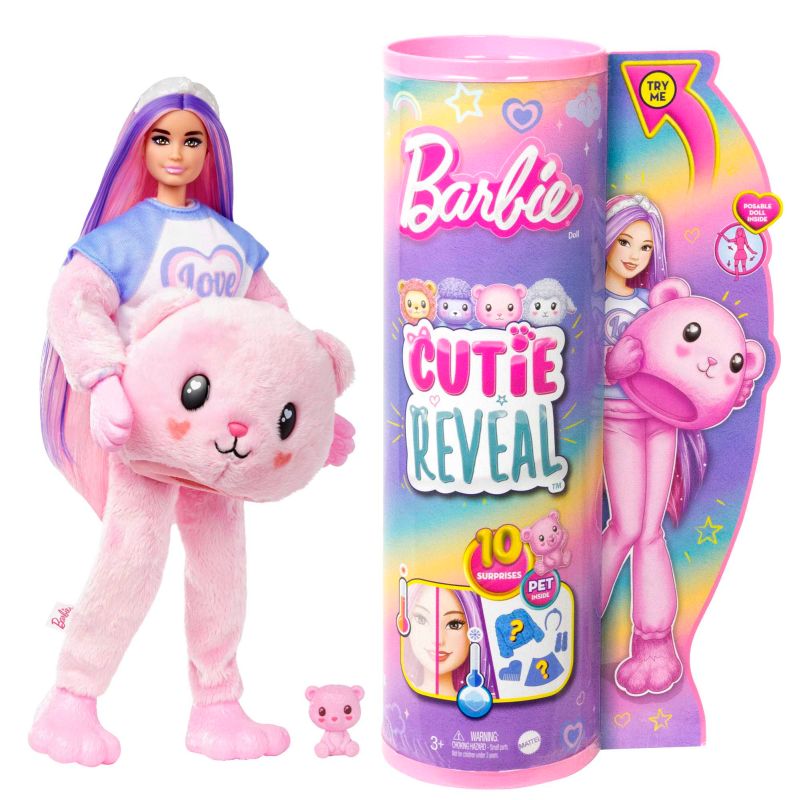 Barbie Cutie Reveal Miś Lalka Seria Słodkie stylizacje Lalka w kostiumie misia z 10 niespodziankami, w tym zmianą koloru, HKR04