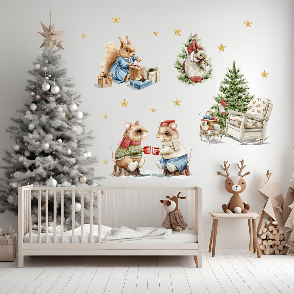 Świąteczne naklejki ścienne Retro Christmas Animals 80x80 cm