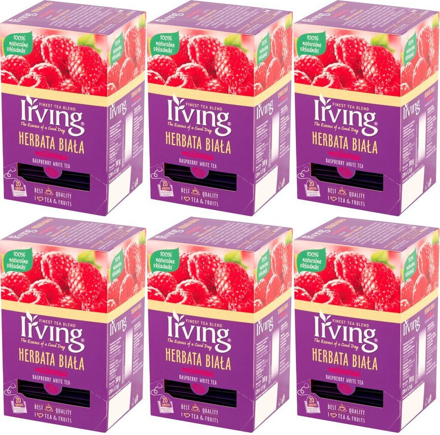 6x Herbata biała smakowa w kopertach Irving, malina, 20 sztuk x 1.5g
