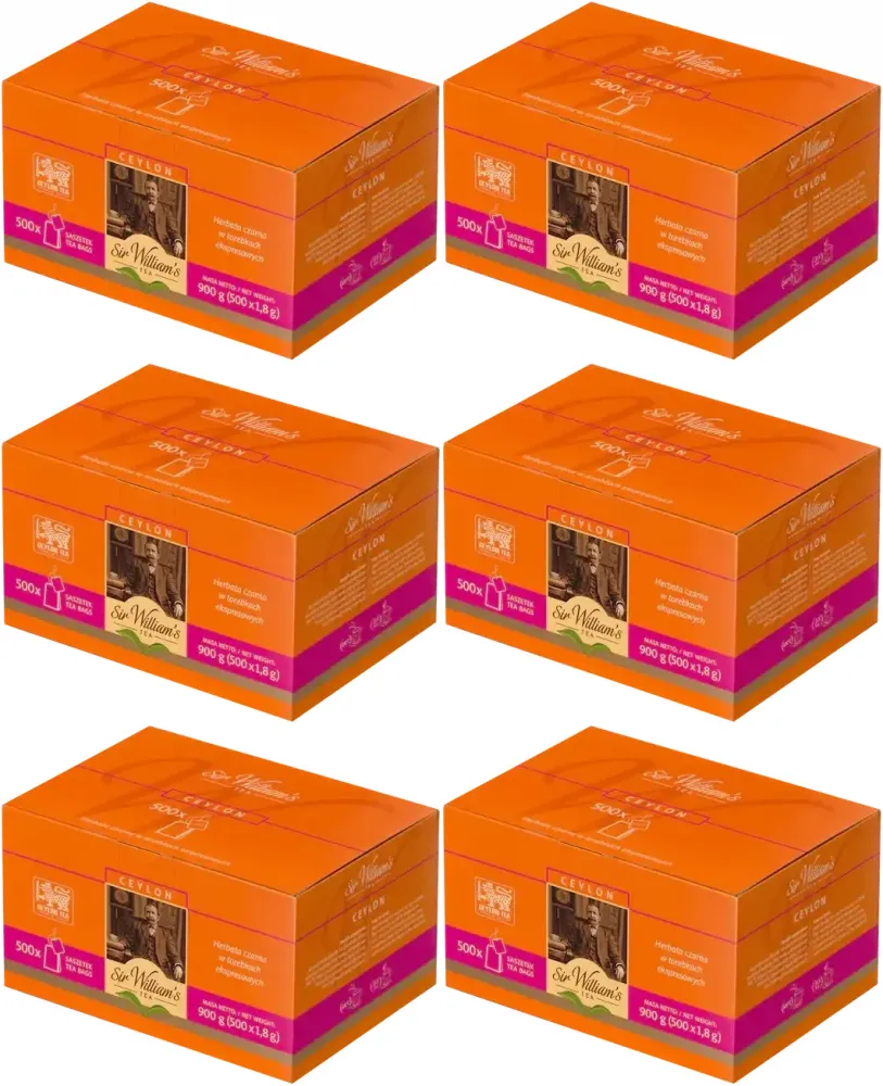 6x Herbata czarna w torebkach Sir William's London Ceylon Black, 500 sztuk x 1.8g