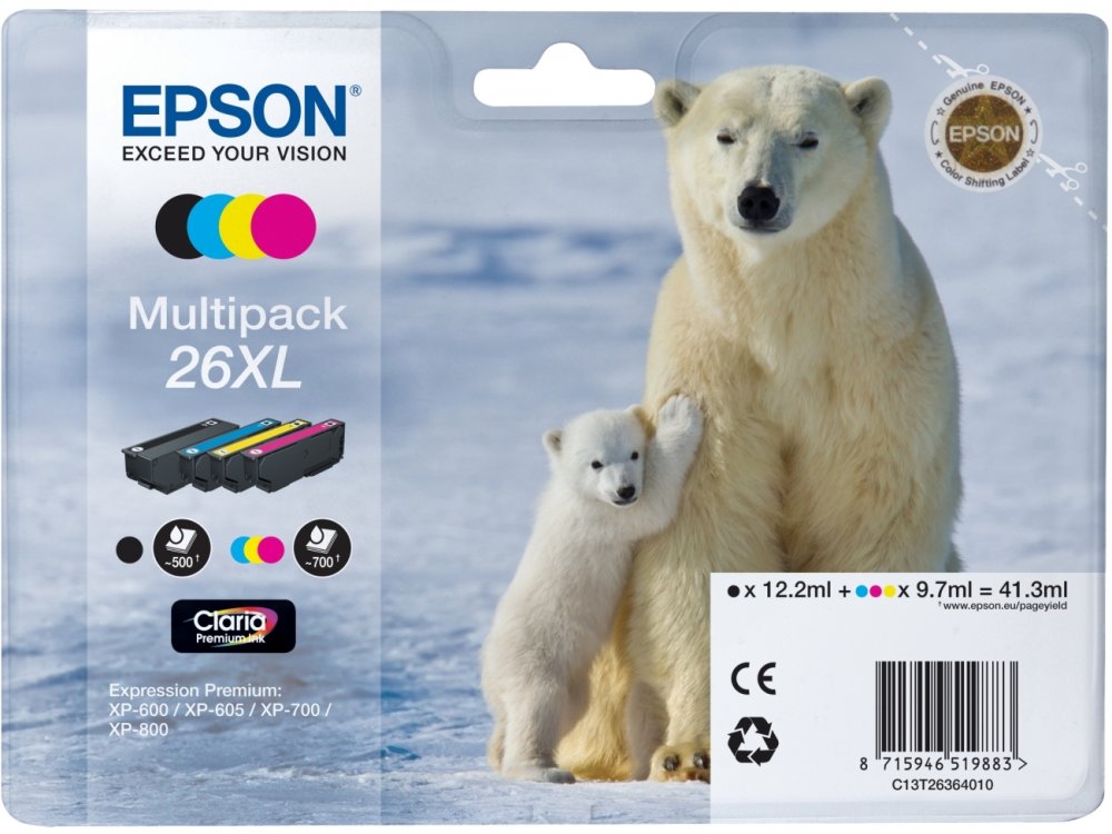Zestaw czterech tuszy Epson CMYK 26XL (T2636), 41.3ml, CMYK cyan(błękitny), magenta(purpurowy), yellow(żółty), black(czarny)
