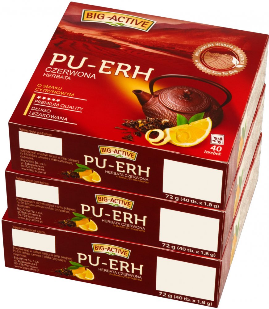 3x herbata czerwona w torebkach Big-Active Pu-erh, cytrynowa, 40 sztuk x 1.8g