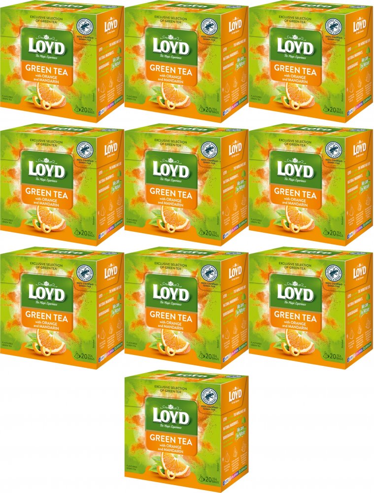 10x Herbata zielona smakowa w piramidkach Loyd, pomarańcza/mandarynka, 20 sztuk x 1.5g