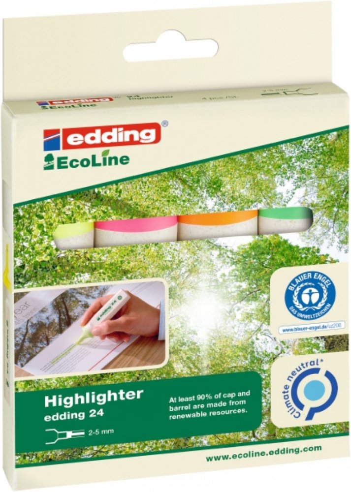 Zakreślacz edding Ecoline e-24, ścięta, 5mm, 4 sztuki, mix kolorów