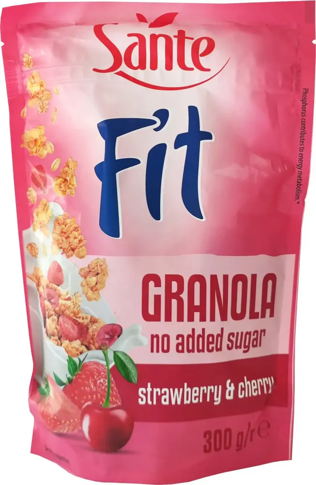 Granola Sante Fit, wiśnia/truskawka, bez cukru, 300g