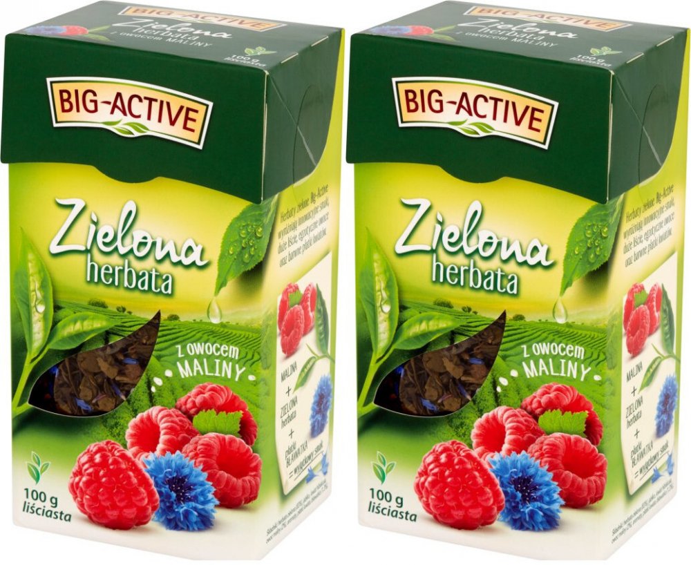 2x Herbata zielona smakowa liściasta Big-Active, z owocem maliny, 100g